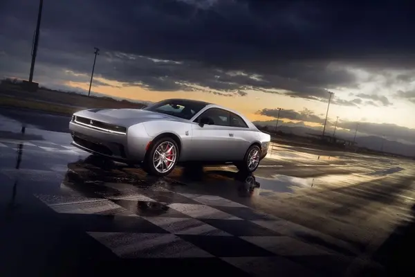 A silver Dodge Daytona shows off its aggressive looks.