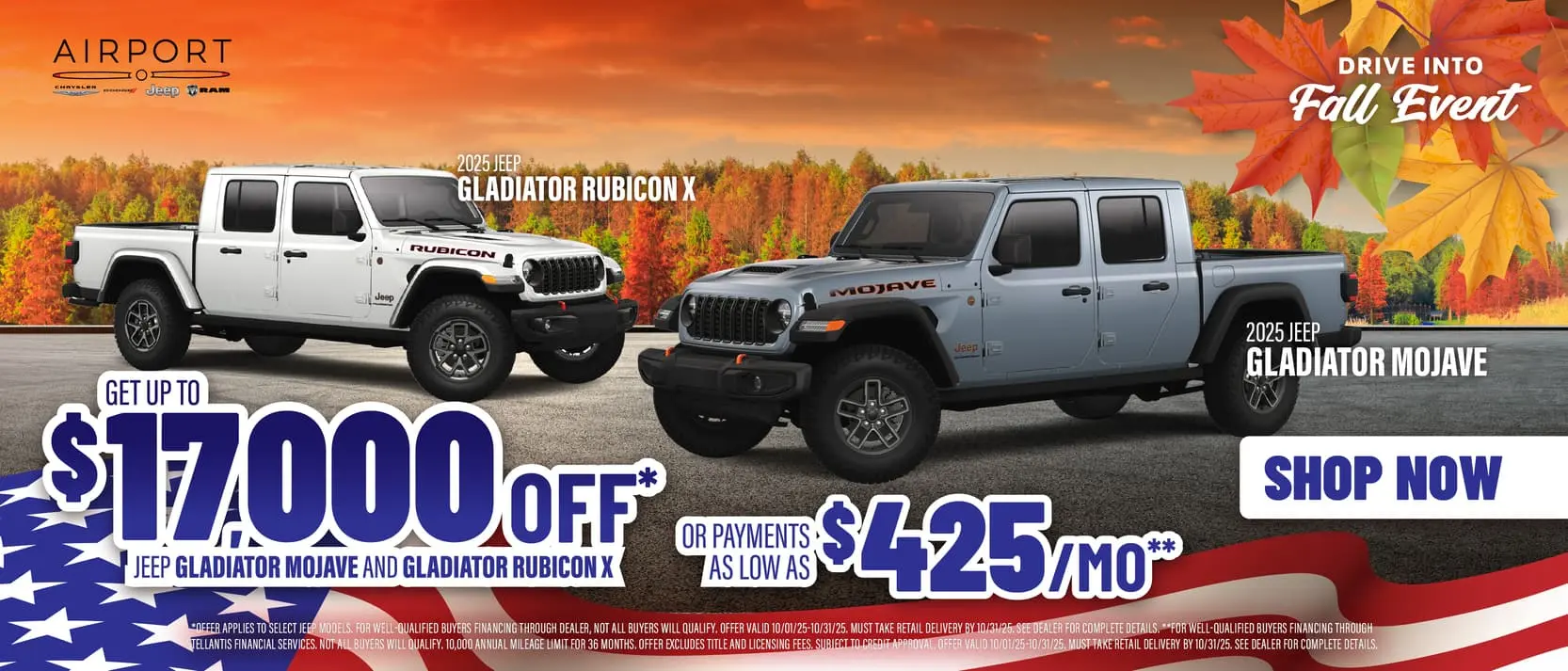 Jeep Gladiator Mojave & Rubicon X Up to $17,000 Off* OR Payments as low as $425/Month**