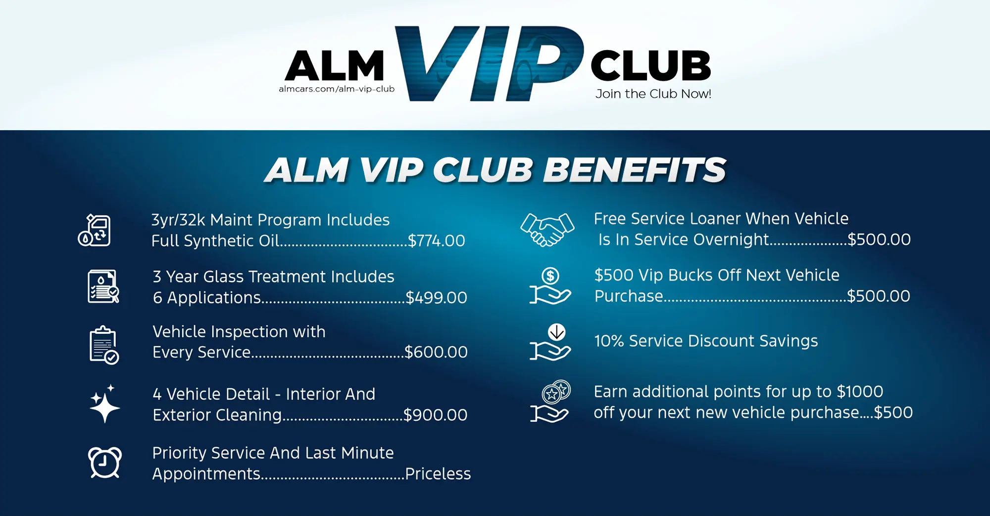 ALM Chevrolet South VIP Club benefits breakdown showing $4,423 in total savings on oil changes, inspections, detailing, Crystal Fusion glass treatments, tire rotations, loaner vehicles, and VIP rewards on qualifying new Chevrolet purchases in Union City, Georgia