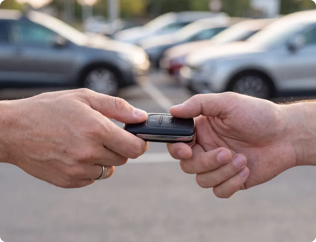 Two people exchanging a car key fob in a parking lot, symbolizing a used car handoff at Auto Sense North.
