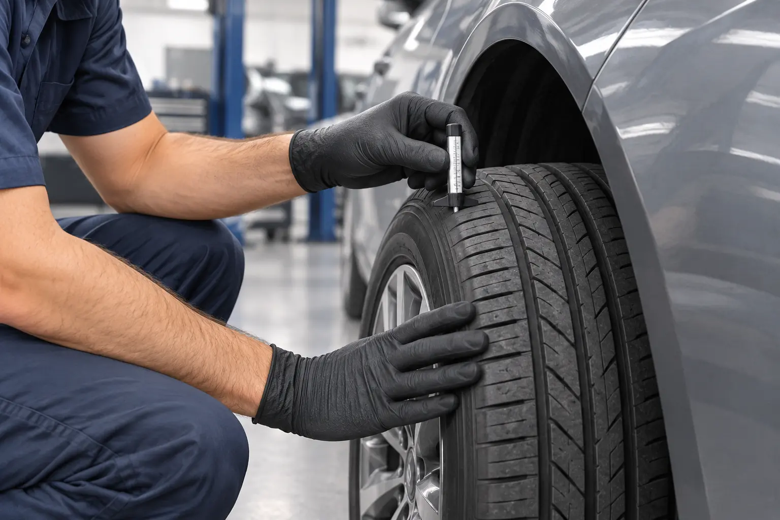 Illustrative image of a technician measuring tire tread depth with a gauge