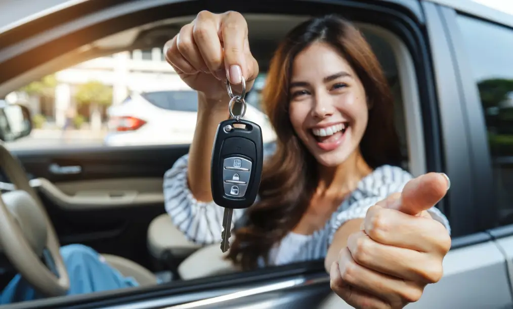 Happy customer holding a car key after key replacement service