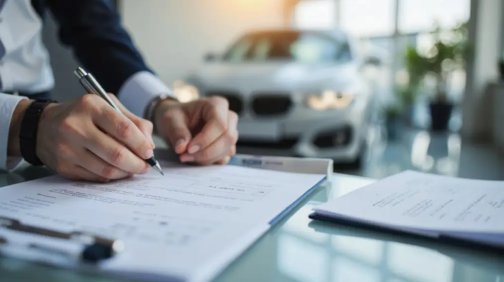 Customer signing vehicle paperwork before delivery or pickup