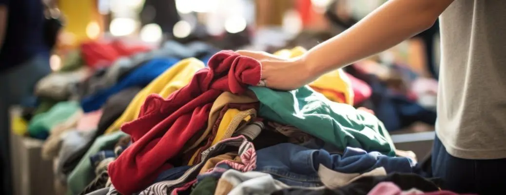 Closeup of a pile of donated clothes being sorted by teen volunteers