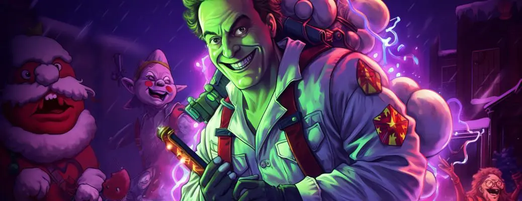 A cringe ghost hunter in synthwave colors