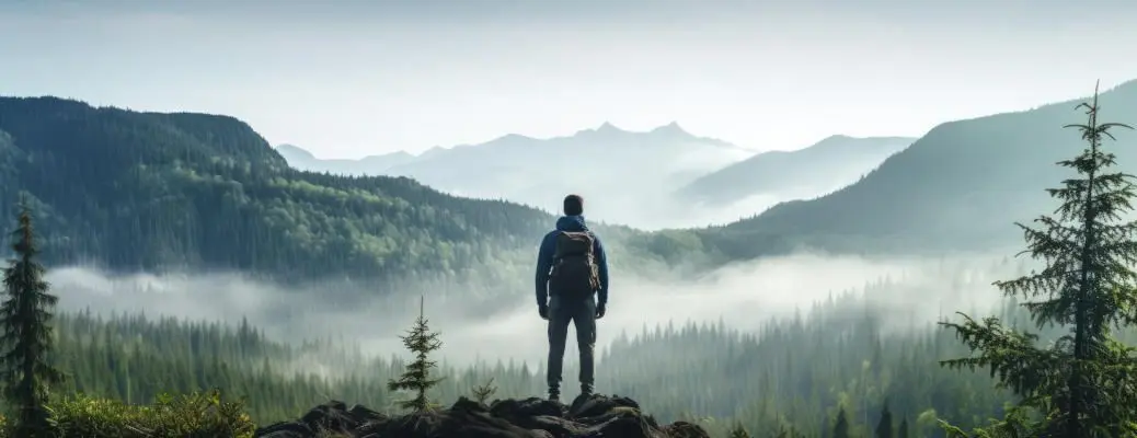 A lonely man enjoys the view of the summer mountains while he standing on a mountain peak. Hiking and digital detox concept. Contemplation of nature alone with your thoughts. Format photo 5:2.