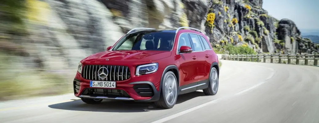 An exterior view of a red 2020 Mercedes GLB.