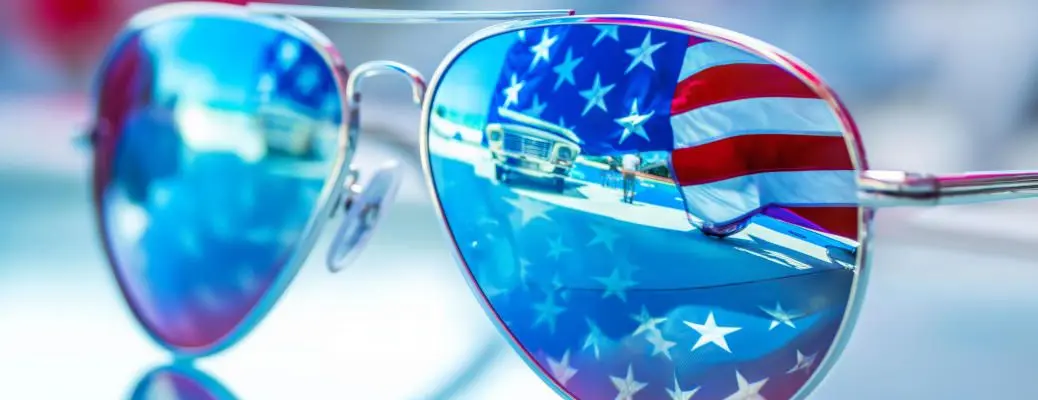 Sunglasses reflecting the American flag, a cool accessory for patriotic celebrations.