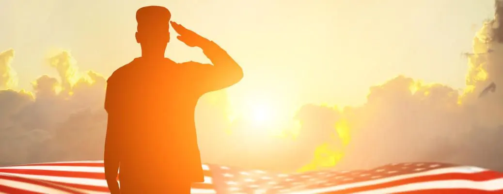 Soldier and USA flag on sunrise background .Concept National holidays , Flag Day, Veterans Day, Memorial Day, Independence Day, Patriot Day.
