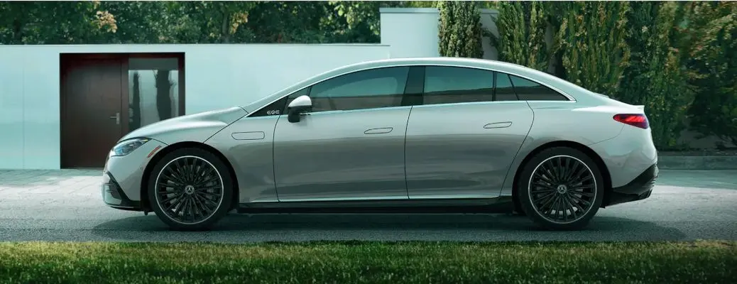 A Mercedes Benz EV in side view.