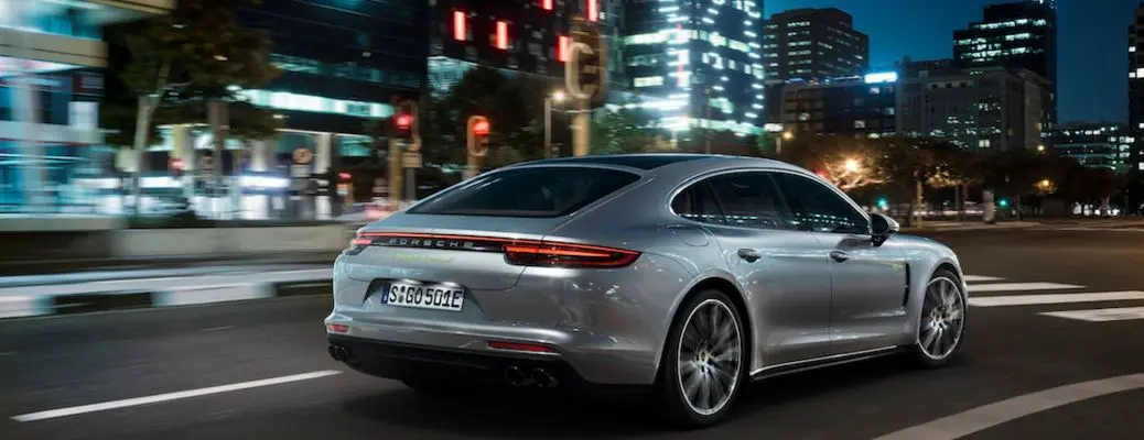 A rear quarter view of the 2017 Porsche Panamera.
