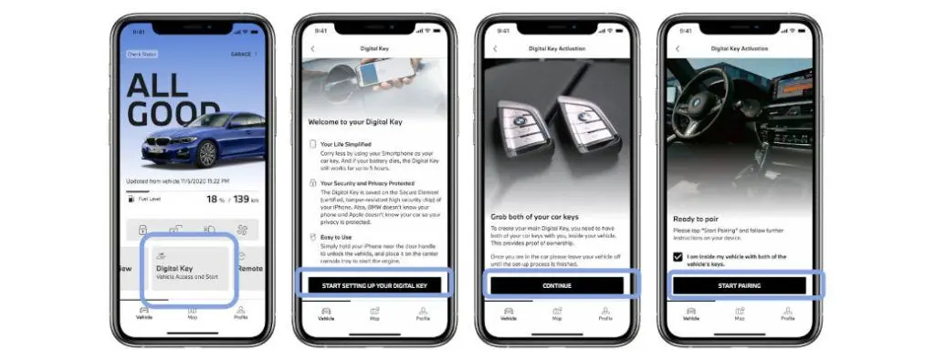 The pairing screens on a smartphone for BMW digital key access.