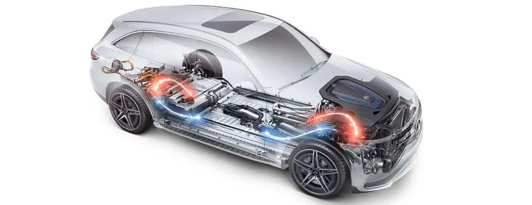 A diagram of the electric powertrain of the Mercedes Benz EQC.