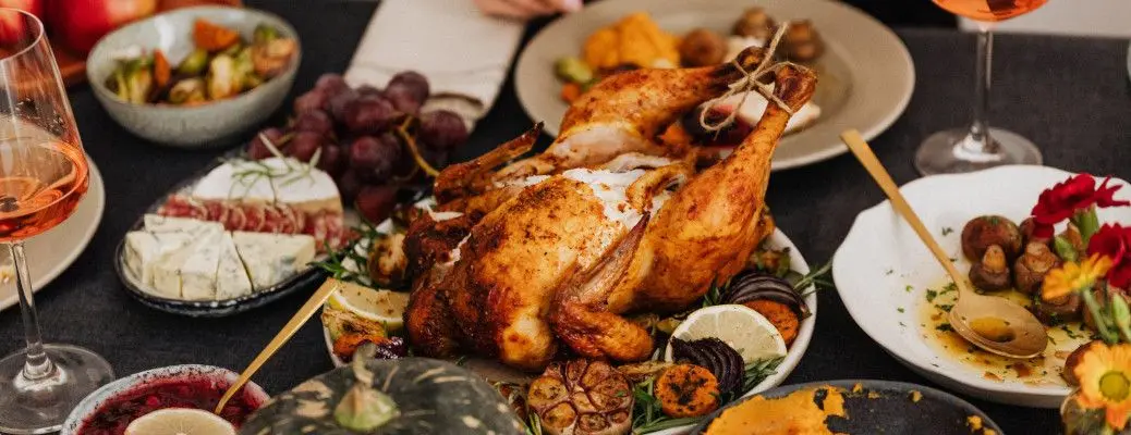A Thanksgiving feast including roast turkey.