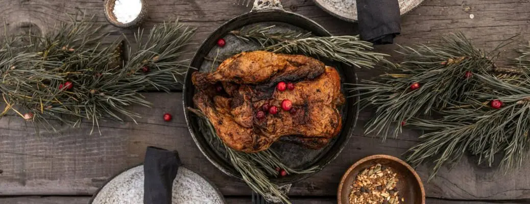 A view of a Christmas dinner from above.