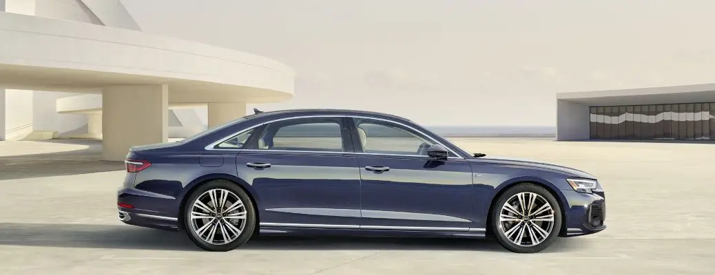 A side exterior view of the Audi A8 full size luxury sedan.