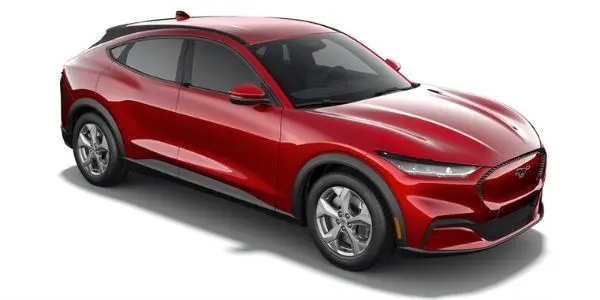 Rapid Red Metallic Tinted Clearcoat 2021 Ford Mustang Mach-E on White Background