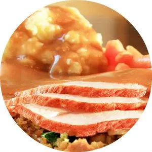 Close Up of Thanksgiving Turkey with Mashed Potatoes and Gravy