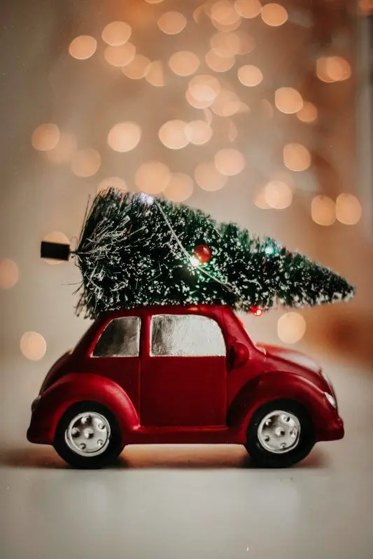 A Christmas decoration Volkswagen Beetle with a tiny Christmas tree on top.