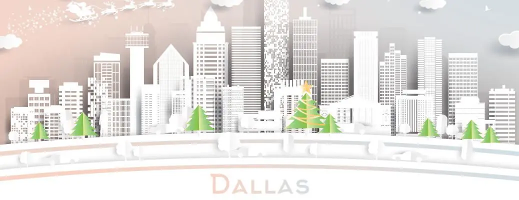 A banner image depicting Dallas decorated and snowy for Christmas.