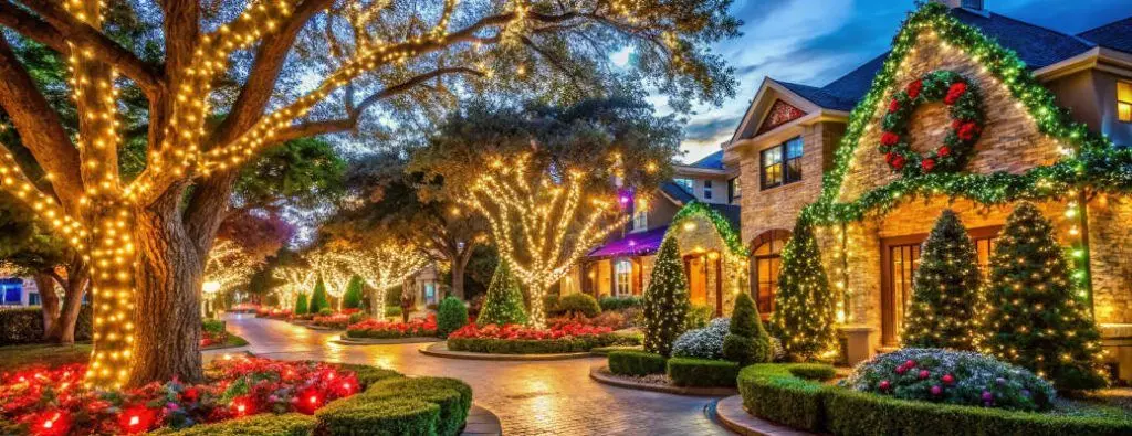 A whimsical AI rendering of a nice neighborhood lit up and decorated for Christmas 2024 in Dallas.
