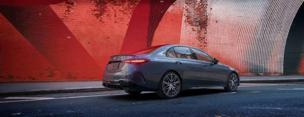A rear quarter view of the popular Mercedes-Benz C-class model.