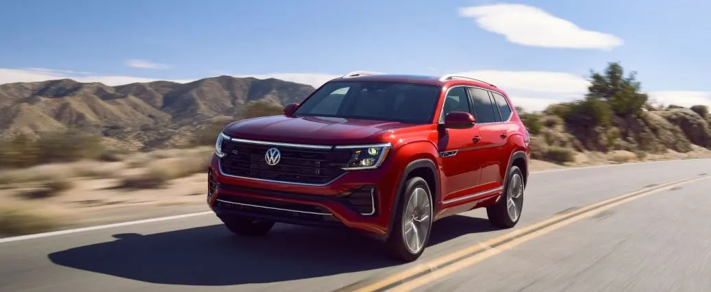 A front view of the 2023 VW Atlas on the road.