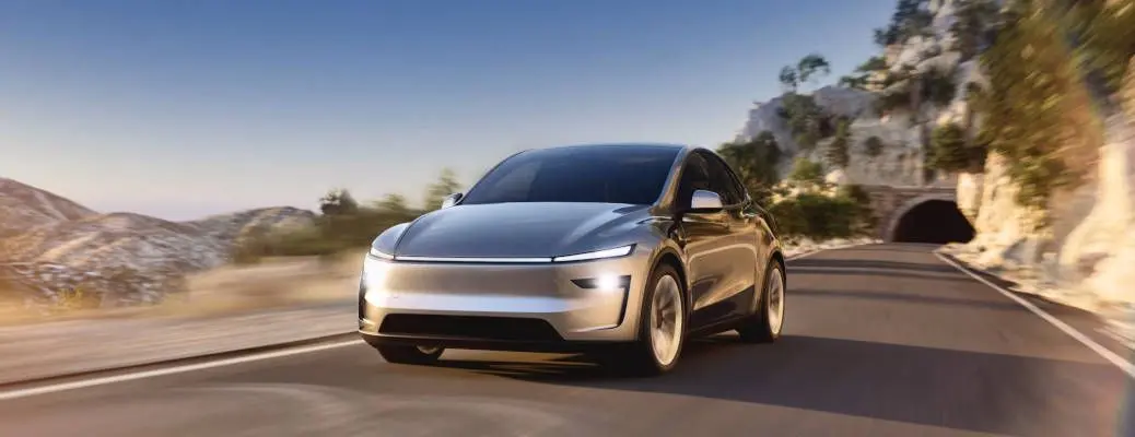 A front 3/4 external view of the 2025 Tesla Model Y.