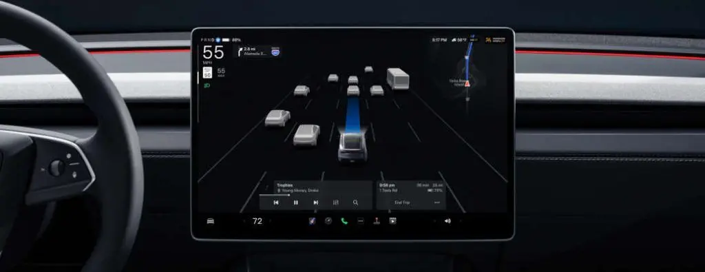 A depiction of Autopilot technology on the 2025 Tesla Model Y Long Range infotainment screen.