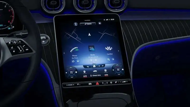 The massive, futuristic infotainment system in the Mercedes-Benz C-Class sedan.