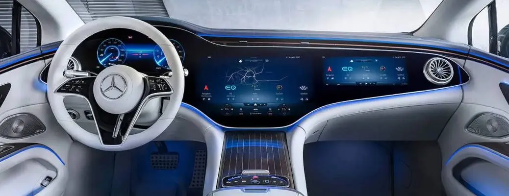 The tri-screen MBUX Hyperscreen displays in a new Mercedes-Benz EQS.