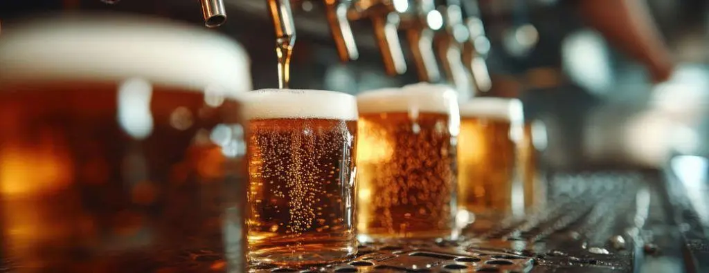 A lineup of glass of fresh craft beer straight from the tap.