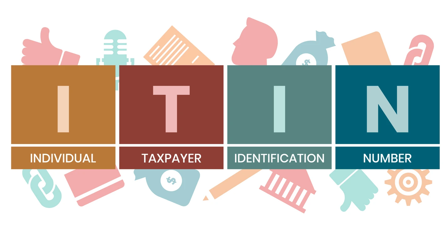 Gráfico con el acrónimo ITIN y el significado de Individual Taxpayer Identification Number rodeado de iconos financieros.