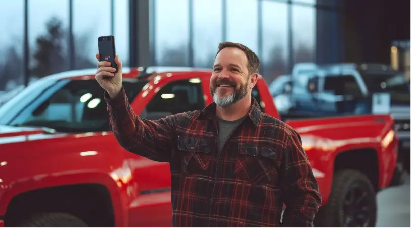 Man holding a smartphone inside a car dealership with trucks in the background.