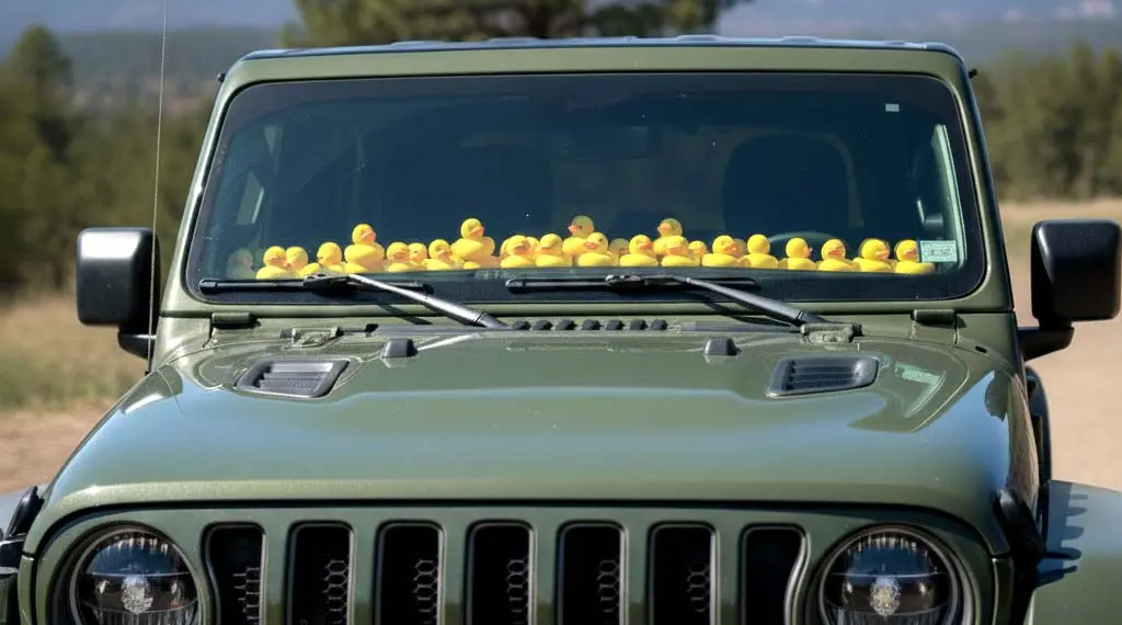 Green Jeep with duckies lining the dashboard