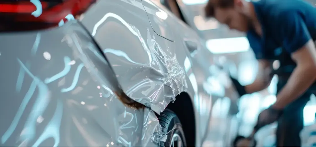 Collision repair work on damaged vehicle at BLVD Auto Inc