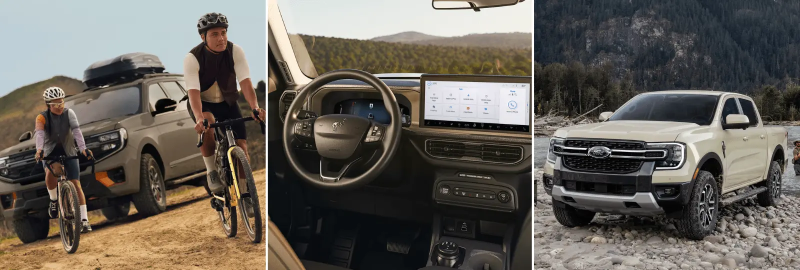 Ford Maverick with cyclists on a dirt trail, interior touchscreen dashboard, and Ranger on a rocky riverbed