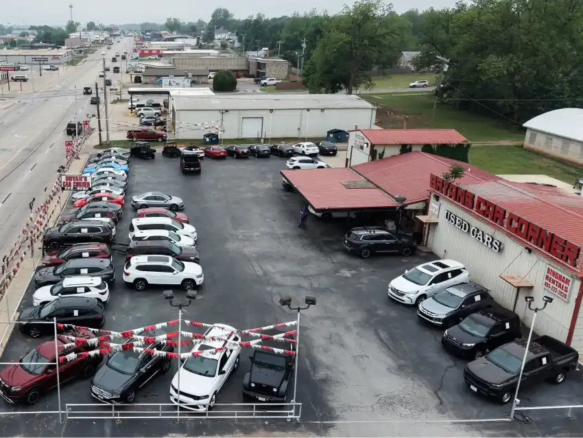 Aerial view of Bryan’s Car Corner used car dealership and inventory in Chickasha, Oklahoma