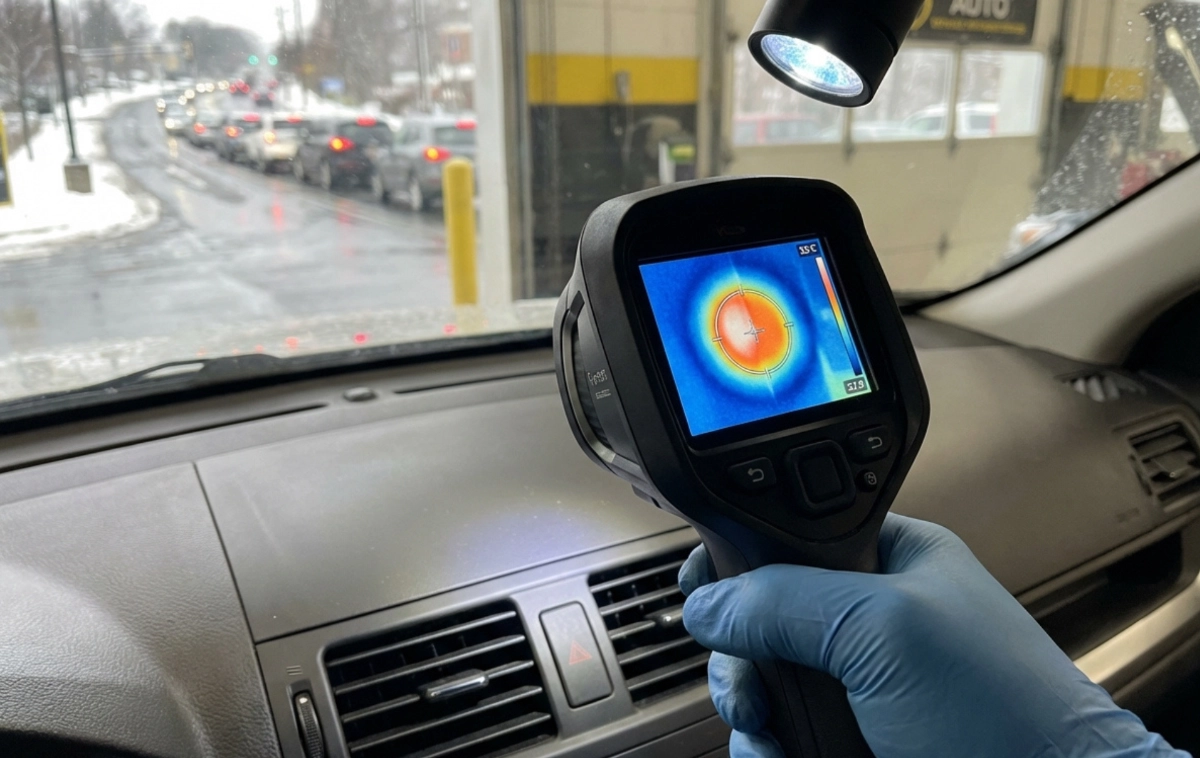 A diagnostic thermal imaging camera held by a technician