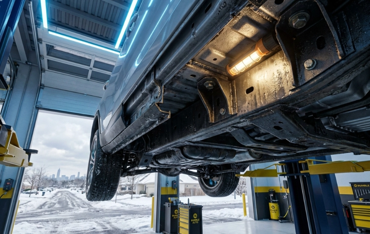 A high-detail 3D cutaway of a modern vehicle's structural frame and chassis.