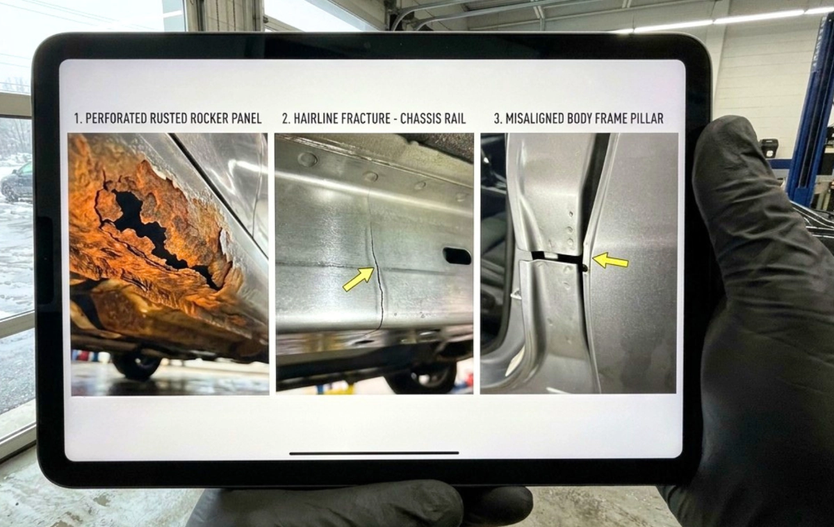 Perforated rusted rocker panel, a hairline fracture in a steel chassis rail, and a misaligned body frame pillar.