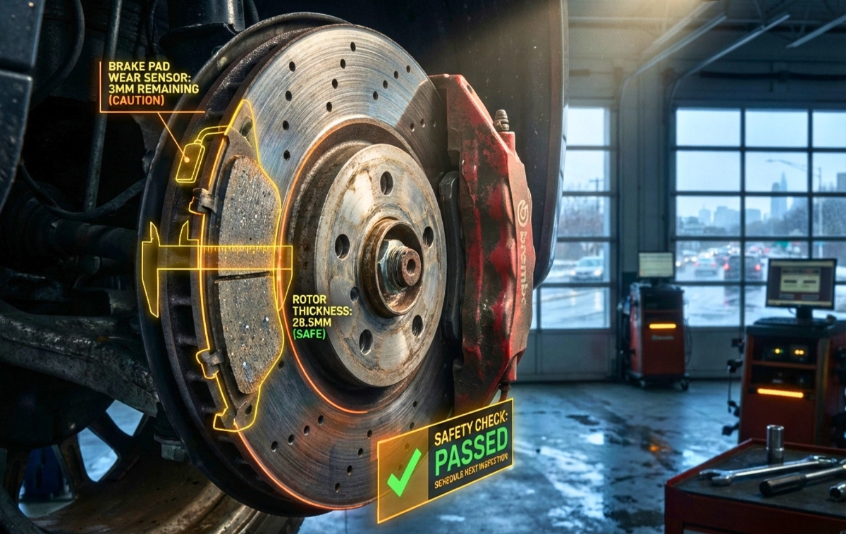 A macro close-up of a high-performance disc brake assembly with a glowing digital overlay