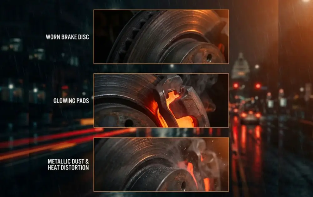 Close-up images of damaged brake components