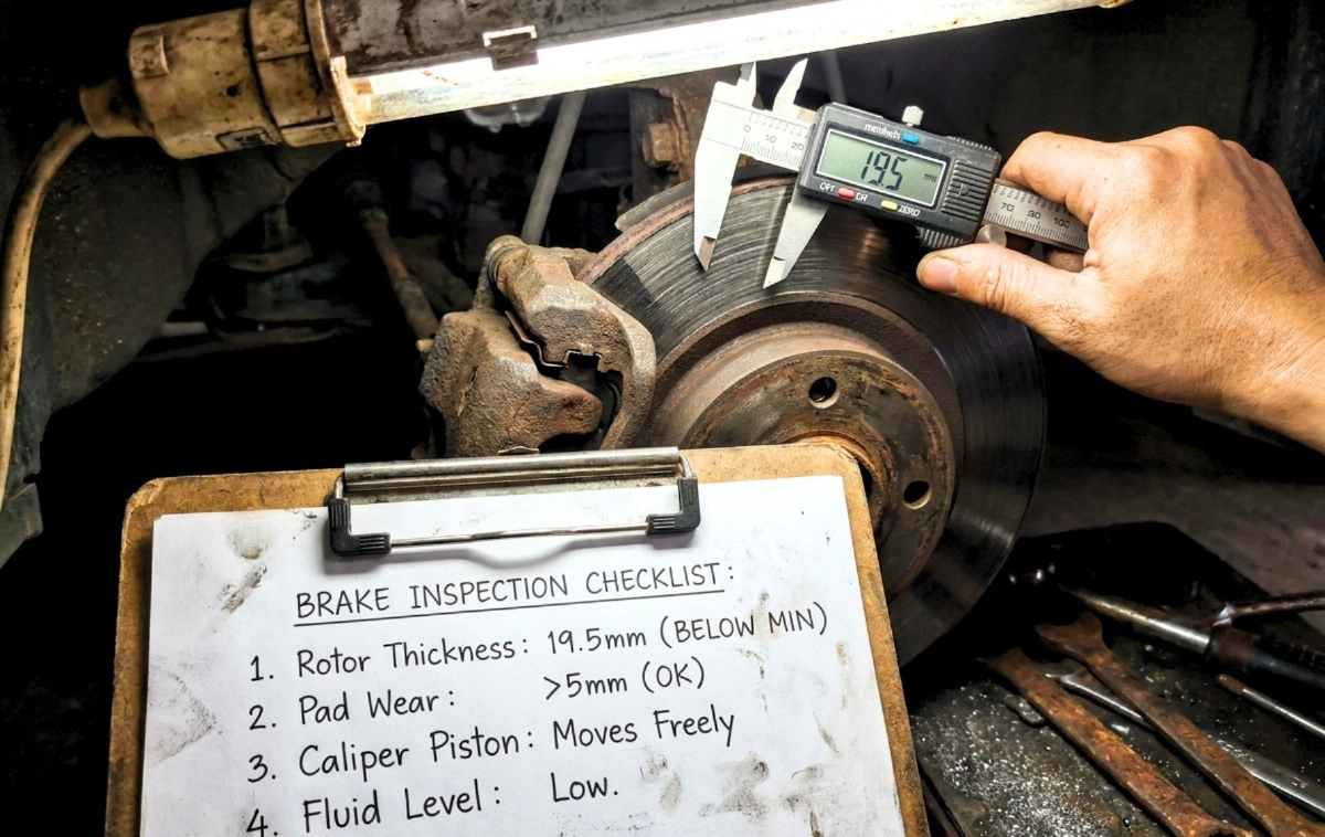 Close-up of a brake caliper and thin, scored rotor with a digital caliper measuring thickness.