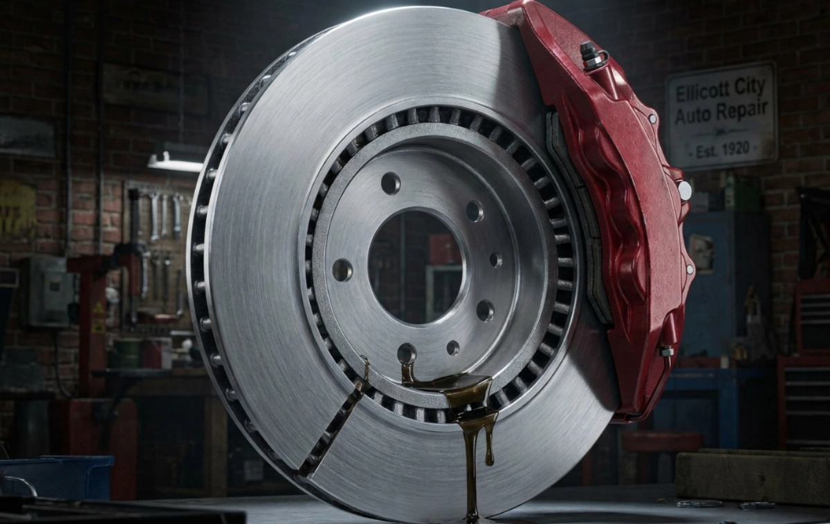 A cross-section of a high-performance brake rotor and red caliper