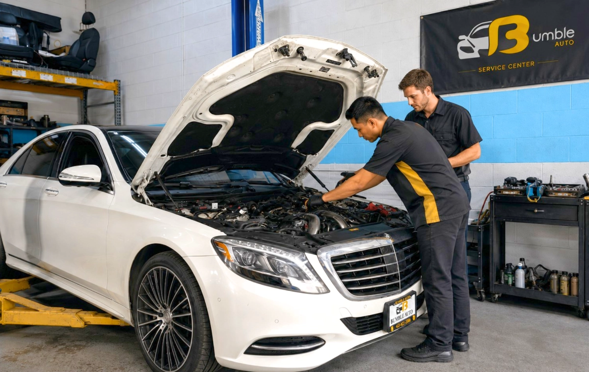 Bumble Auto service expert performing a safety inspection