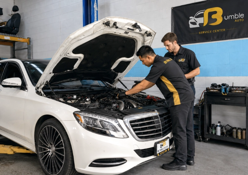 Vehicle with its hood open inside Bumble Auto Service Center in Maryland
