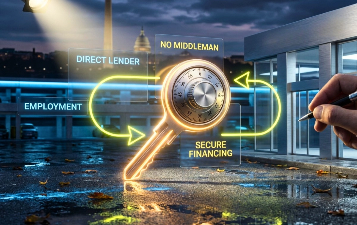 A conceptual dual-purpose icon featuring a glowing automotive key symbolizing the dealership acting as the direct lender.