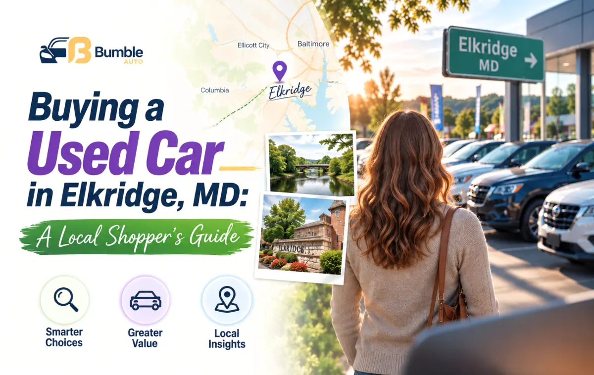 Woman standing near dealership vehicles with text guide overlay for buying used cars in Elkridge.