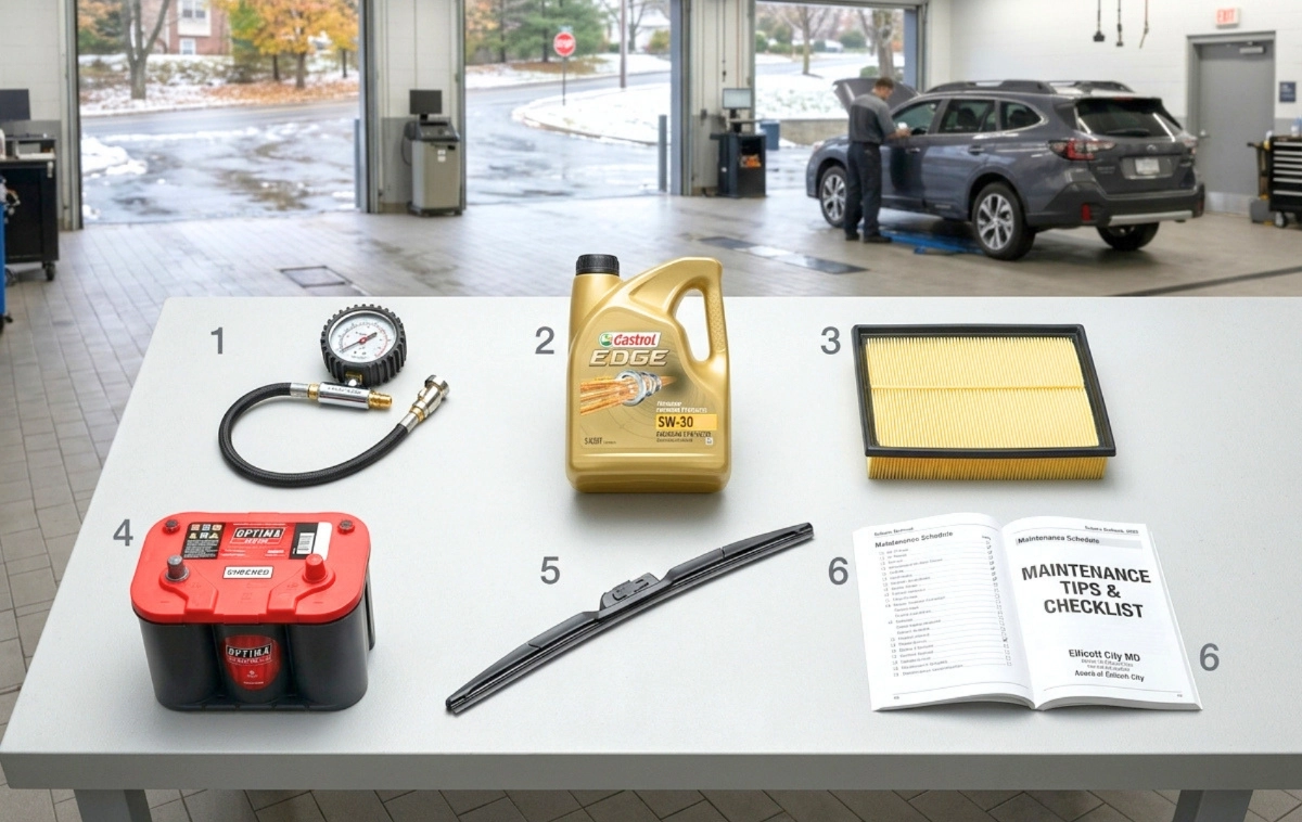 An artfully arranged series of essential car maintenance items.